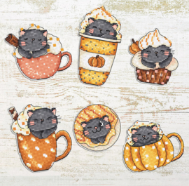 Borduurpakket LETI 8092 - Pumpkin Cup Kitties Kit of 6 pcs