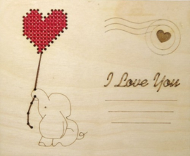 Borduurpakket op hout - Postcard - I Love You Elephant - I Hou van Jou Olifant - Kind Fox