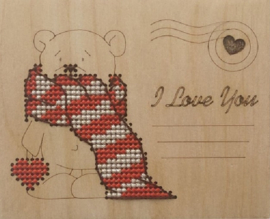 Borduurpakket op hout - Postcard - I Love You Bear - I Hou van Jou Bear - Kind Fox