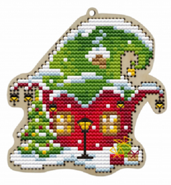 Borduurpakket op hout - Kerstboomhanger Christmas House - Kersthuis - Kind Fox