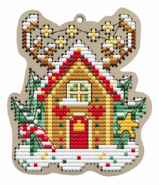 Borduurpakket op hout - Kerstboomhanger Cosy Christmas House - Knus Kersthuis - Kind Fox