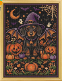 Borduurpakket Awesome Pattern Studio - Halloween Witchy Dog - Halloween Heksenhond (full)