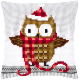 Kerst Kruissteek kussen Owl with Santa hat 40 x 40 cm