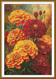 CP3434 Borduurpakket Nova Sloboda - Marigold - Goudsbloem -  bedrukte achtergrond