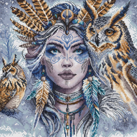 077 - Borduurpakket Ava Stitch - The Warrior and her Guardian Owls - De strijder met haar beschermuilen