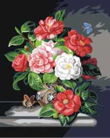 Voorbedrukt stramien STILL LIFE WITH CAMELLIAS AND BUTTERFLIES (AFTER JOSEF LAUER) 40X50