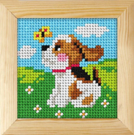 6713 - Borduurpakket voor kind - met lijstje - Orchidea - Hondje met Vlinder