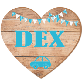 Geboortebord Dex  -  steigerhouten (printed) hart vlaggetjes autootje