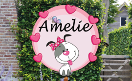 Geboortebord Amelie - hondje met strikje en hartjes