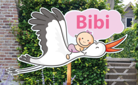 Geboortebord Bibi  -  baby op ooievaar