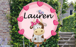 Geboortebord Lauren  -  koe met strikje, vlinder en hartjes
