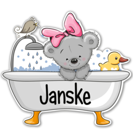 Geboortebord Janske  -  beertje met strik en badeendje