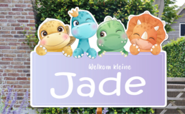 Geboortebord Jade - baby dino's lila bordje