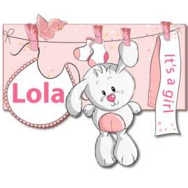 Geboortebord Lola  -  beertje aan waslijn met slabbetje