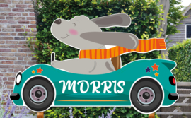 Geboortebord Morris - hondje in auto