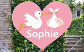 Geboortebord Sophie  -  babyroze hartje met ooievaar