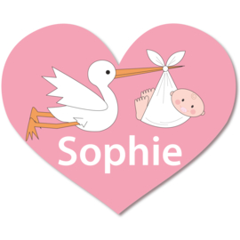 Geboortebord Sophie  -  babyroze hartje met ooievaar