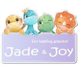 Geboortebord Jade & Joy - baby dino's lila paars bordje