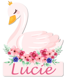 Geboortebord Lucie  - zwaan met bloemen en kroontje