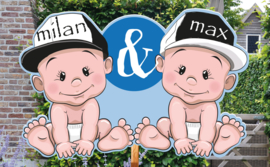 Geboortebord Milan & Max - tweeling stoere jongens met petjes