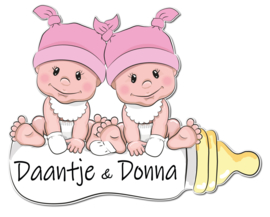 Geboortebord Daantje & Donna - baby meisjes met mutsje op flesheb