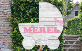 Geboortebord Merel - steigerhouten (printed) wieg kinderwagen wandelwagen