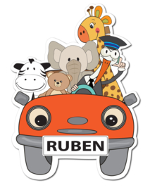 Geboortebord Ruben - Ooievaar in auto met zebra, olifant, giraffe en beertje