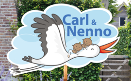 Geboortebord Carl & Nenno - tweeling jongens ooievaar