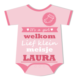 Geboortebord Laura  -  babyroze rompertje