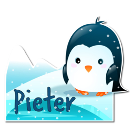 Geboortebord Pieter - pinguin met ijsberg sneeuw