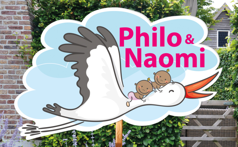 Geboortebord Philo & Naomi - tweeling meisjes ooievaar
