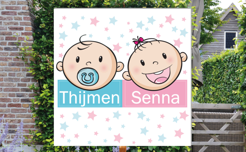 Geboortebord Thijmen & Senna - tweeling jongen meisje fopspeen strikje