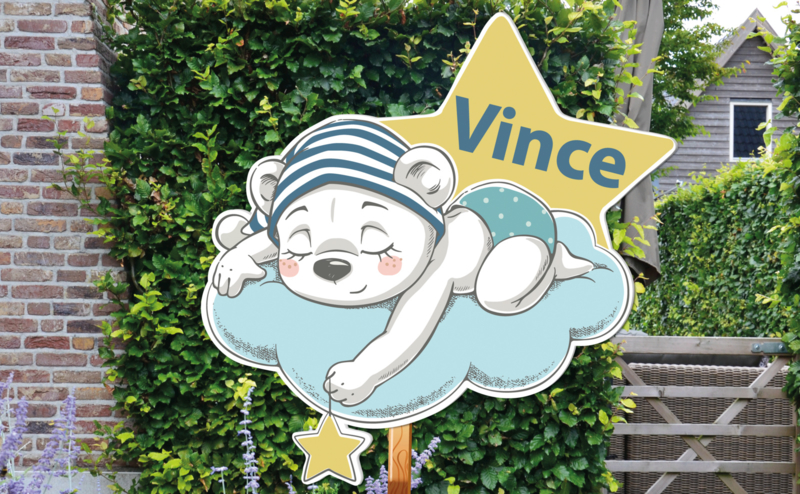 Geboortebord Vince  -  beertje mutsje wolk sterren