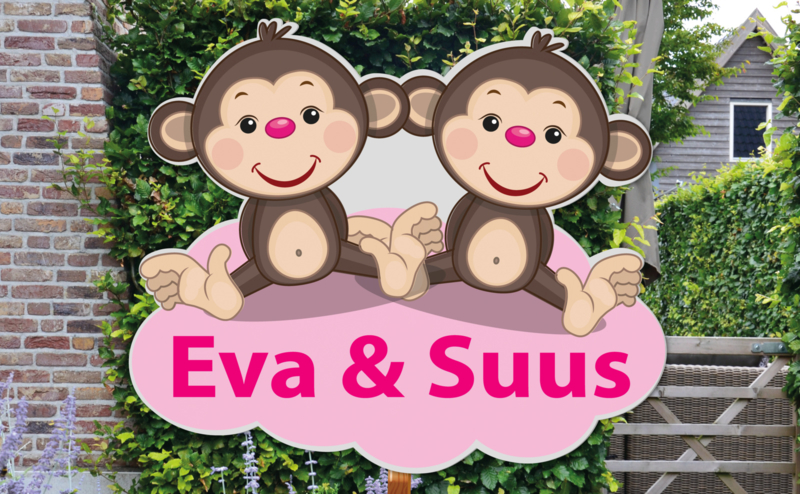 Geboortebord Eva & Suus - tweeling meisjes aapjes