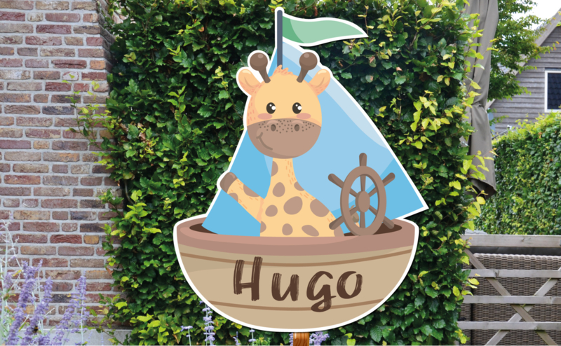 Geboortebord jongen Hugo - giraffe in bootje