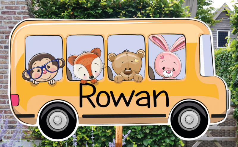 Geboortebord Rowan - dieren in busje schoolreisje