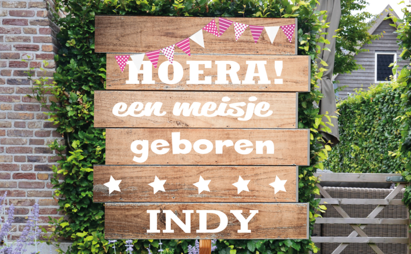 Geboortebord Indy  -  steigerhouten (printed)  bord met vlaggetjes en sterretjes
