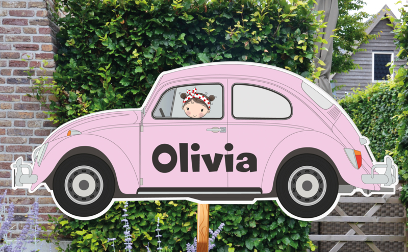 Geboortebord Olivia  -  meisje in volkswagen kever vw beatle