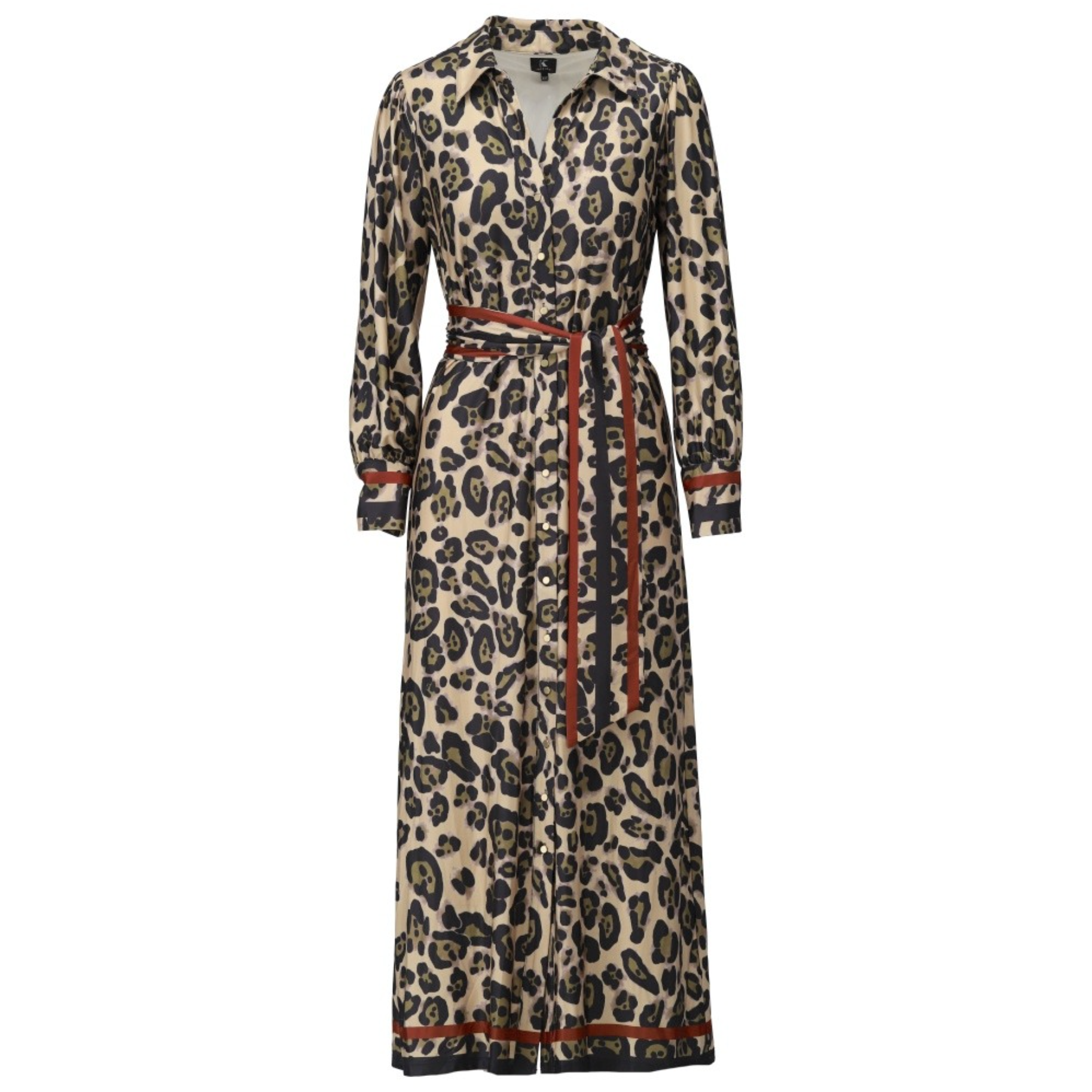 K-design B112 P016 Travelstof maxi jurk met luipaard print en band | FW2025-2026