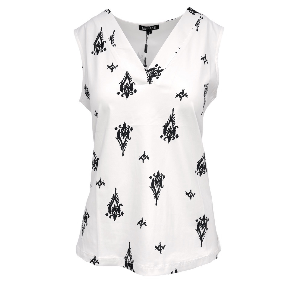 Mi Piace MP202425BOPT mouwloze travelstof top Border Ornament print - Off White|Black