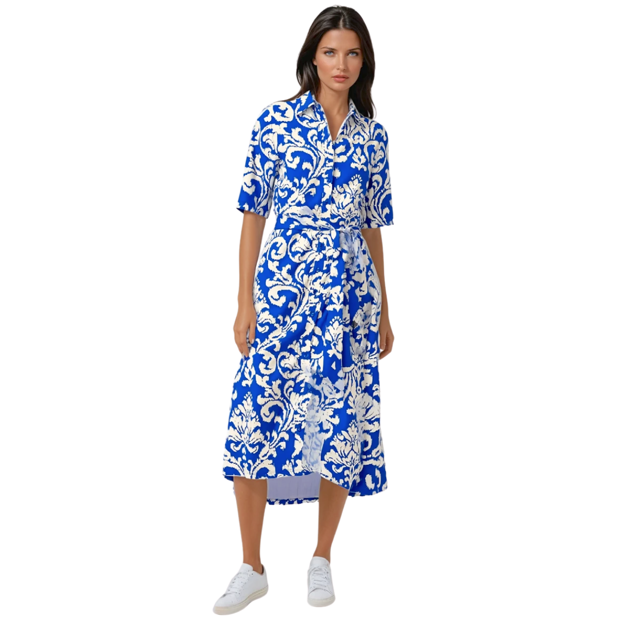 Mi Piace travelstof jurk met wijde mouwen, band en Ornament print Kobalt|Off White