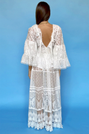 Antica Sartoria DW155 Boho witte lange jurk met kant, franjes en V-hals