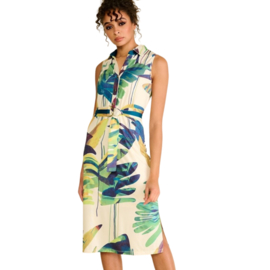 K-design A321 P960 mouwloze travelstof jurk met bladeren print en riem
