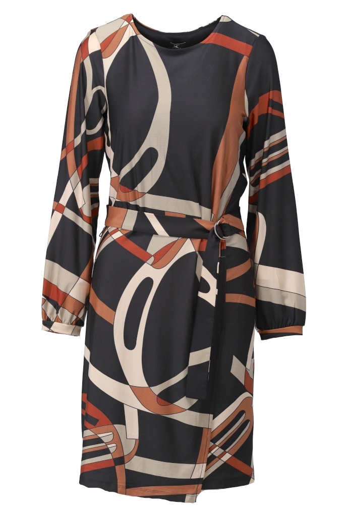 K-design B339 P048 Travelstof jurk met print en riem | FW2025-2026