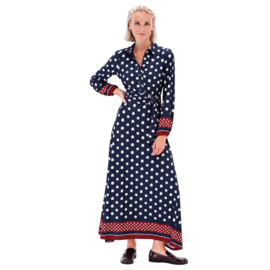 You're my Lobster by K-design D328L P157 Travelstof Maxi Jurk Navy met Witte Stippen en Riem