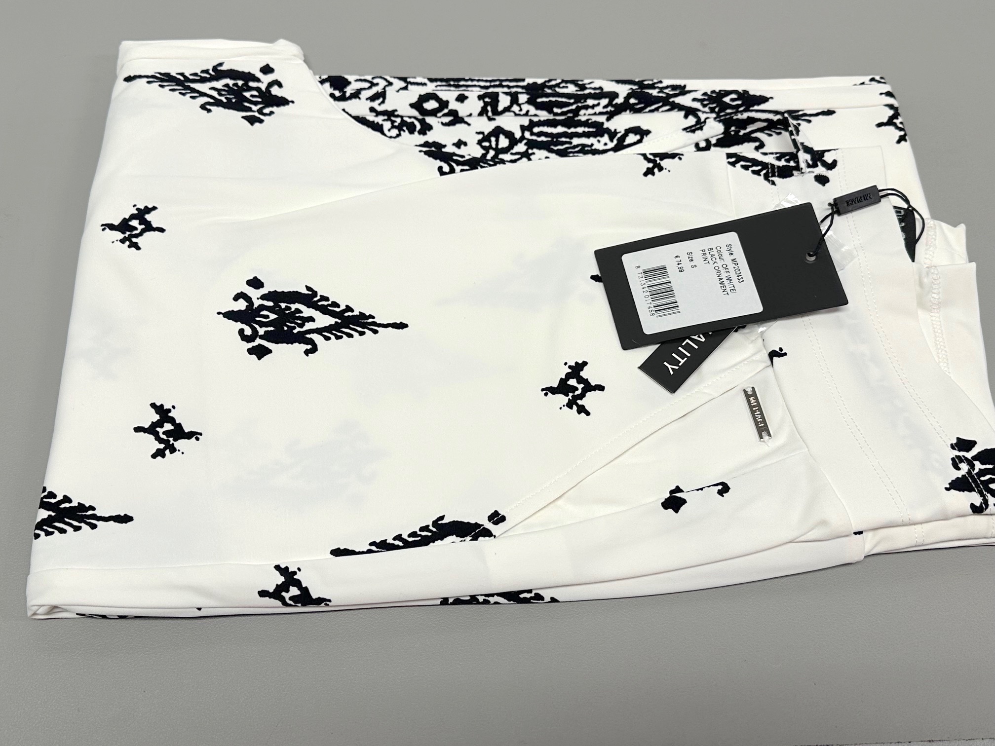 Mi Piace rechte travelstof broek Border Ornament print - Off White|Black