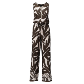K-design A112 P910 mouwloze travelstof jumpsuit met grote bladeren print