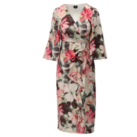 K-design A342 P956 travelstof midi jurk met print en volants