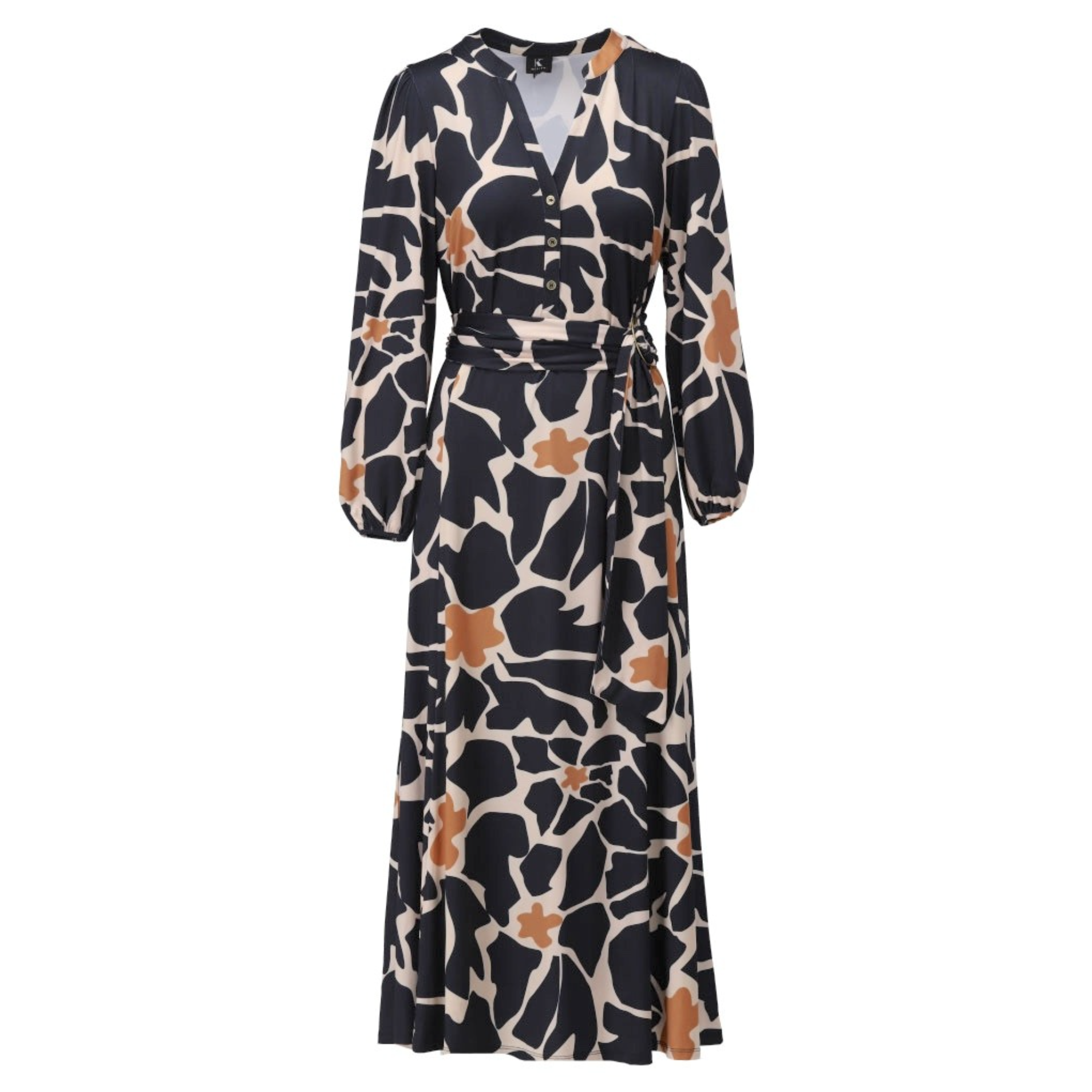 K-design B302 P044 Travelstof maxi jurk met print en riem