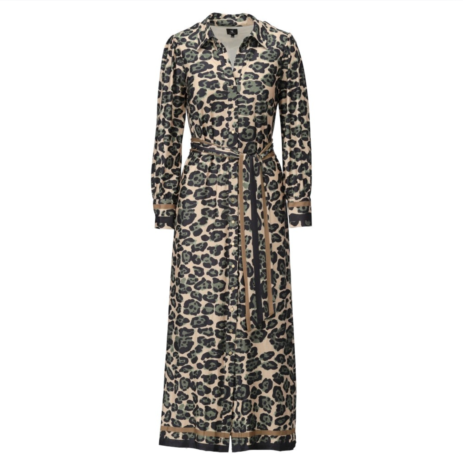 *PRE-ORDER* K-design B112 P014 Travelstof maxi jurk met luipaard print en band | FW2025-2026
